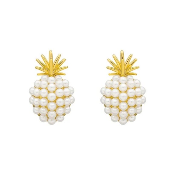 3/$35 NEW Pineapple Earrings Post Gold Tone Pearl Tropical Beach Vacation - Picture 4 of 9